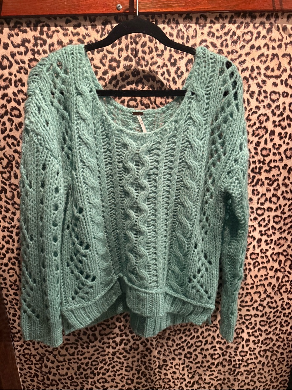 Free People Light Teal Openwork Cable Knit Sweater